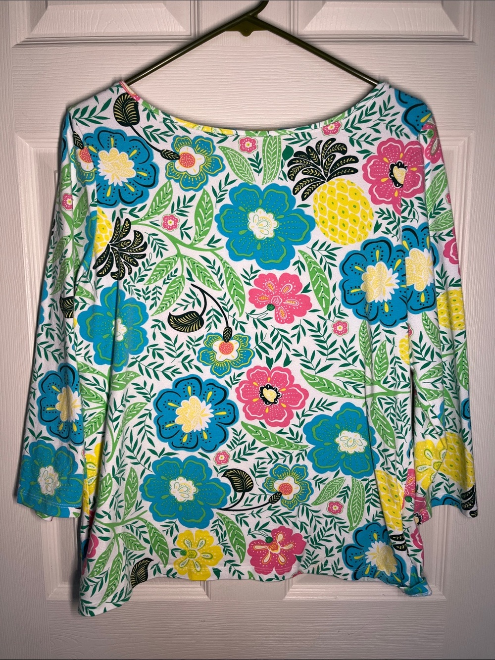 Talbots Large Floral 3/4 Sleeve Top Womens L Bright Spring Flowers Tee